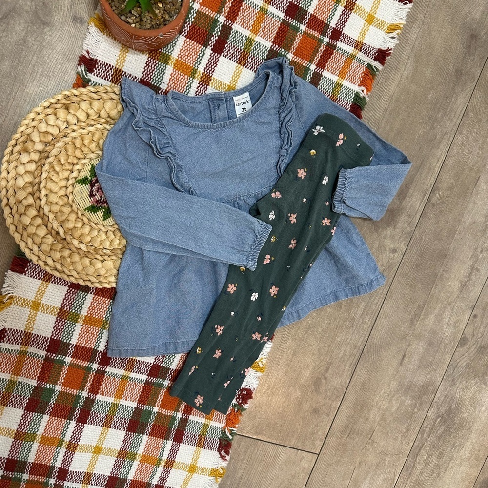 Carter’s 2T Toddler Girl Chambray Blouse & Floral Leggings Outfit Set - Picture 10 of 13
